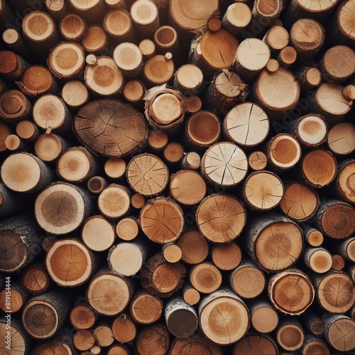 Overhead view of numerous freshly cut tree logs stacked in a pattern  showcasing the natural wood grain and cut marks of each log.. AI Generation