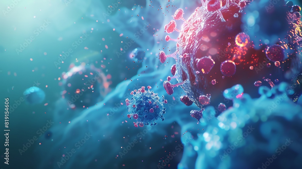 Fototapeta premium An illustration of a virus. The virus is blue and has red spikes. It is surrounded by other viruses.