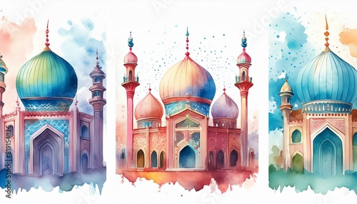 watercolor illustration with grungy texture, cute mosque, three set isolated on white background, idea for junk journal design. 