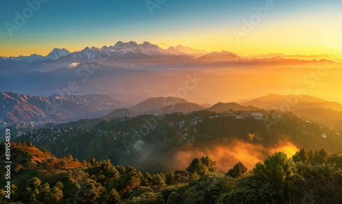 Golden Hour Serenity Sunrise Over Wakebem Mountain Range with Snowcapped Himalayas and Kathmandu Below © MSTSANTA
