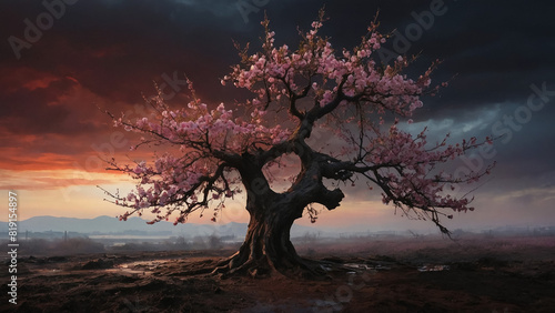 Digital art of a single cherry blossom tree at the top of a hill mountain in a sunset. 3D, Illustration 3D.