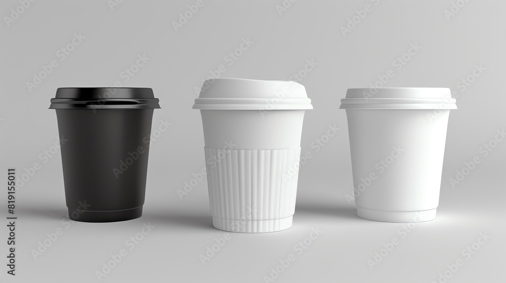 Three disposable coffee cups with black, white, and no sleeve in a row on a white background. Three disposable coffee cups with black, white, and no sleeve in a row on a white background.