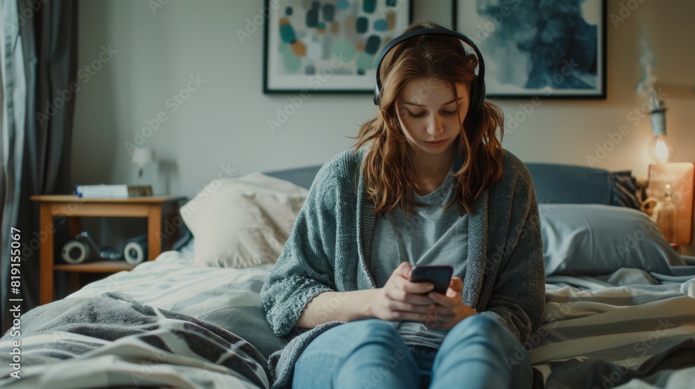 Obraz premium Woman Relaxing with Smartphone and Headphones