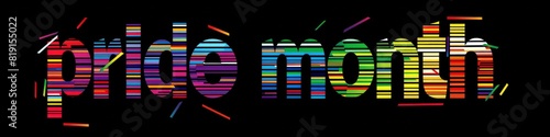 Pride Day themed rainbow flag text design with the words pride month on a black background