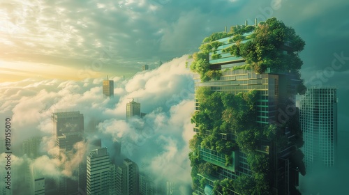 An illustration of a futuristic city with skyscrapers covered in lush greenery. The sun is rising over the city. The sky is cloudy. The city is shrouded in mist.