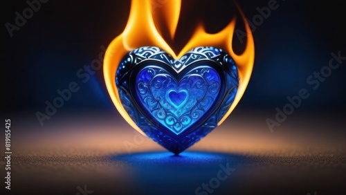 blue heart with ornate patterns and engulfed in realistic flames  set against dark background. contrast between the cool blue heart and hot orange flames creates visually intense and dramatic effect