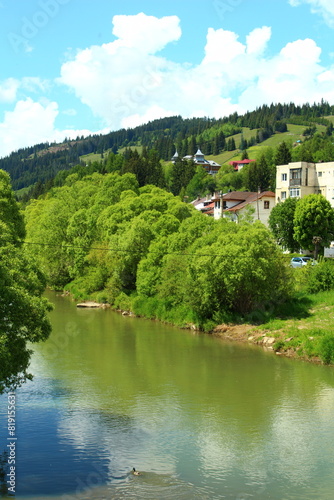 A body of water with trees and buildings on the side