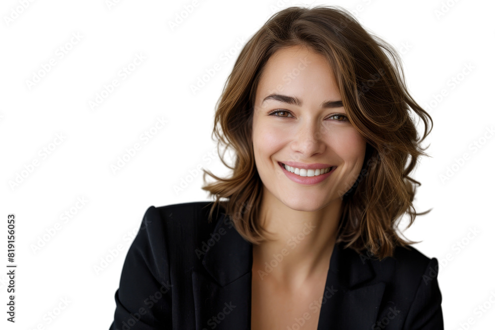Confident businesswoman smiling, dressed in a black blazer against a transparent background. ideal for corporate and professional content. Confident businesswoman smiling, dressed in a black blazer against a transparent background. ideal for corporate and professional content.