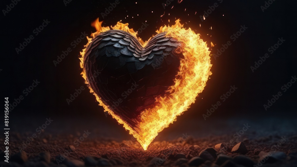 A black heart with a scaly texture partially engulfed in bright orange flames. The contrast between the dark heart and the vivid flames creates a dramatic and intense visual effect A black heart with a scaly texture partially engulfed in bright orange flames. The contrast between the dark heart and the vivid flames creates a dramatic and intense visual effect
