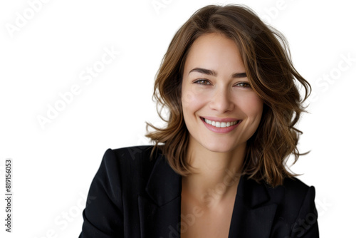 Confident businesswoman smiling, dressed in a black blazer against a transparent background. ideal for corporate and professional content.