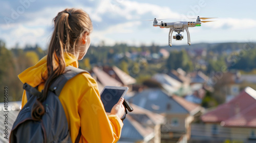 A woman wearing a backpack is operating a drone above an urban area