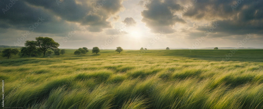 Obraz premium High grass. Panorama of the evening meadow. Scenic hills