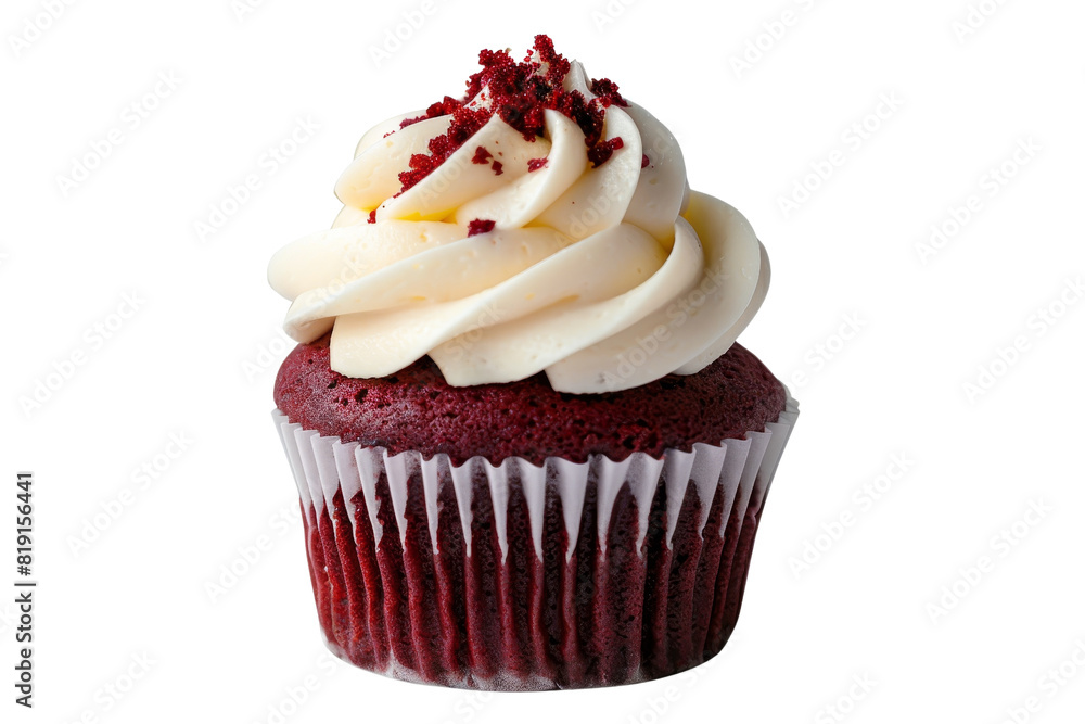 Delicious red velvet cupcake topped with creamy white frosting and red crumbs, perfect for dessert or special occasions. Delicious red velvet cupcake topped with creamy white frosting and red crumbs, perfect for dessert or special occasions.