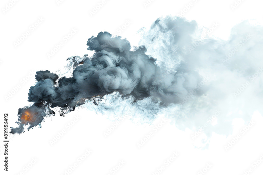 Dense smoke cloud, a mix of black and white smoke, rising against a transparent background, representing fire, pollution, or explosion. Dense smoke cloud, a mix of black and white smoke, rising against a transparent background, representing fire, pollution, or explosion.