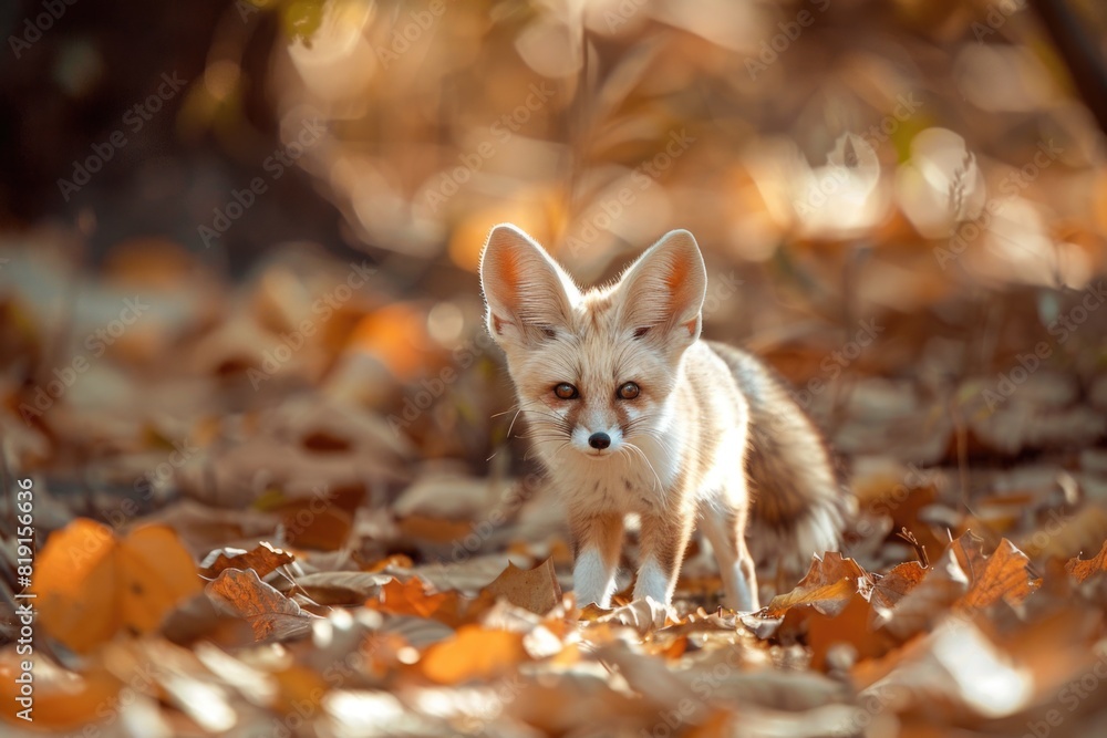 Naklejka premium A small fox standing in a pile of leaves. Suitable for nature and wildlife themes