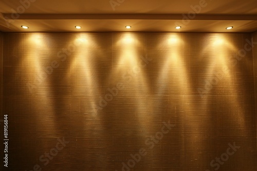 Golden metal wall with spotlights and spotlights, close-up © Huyen