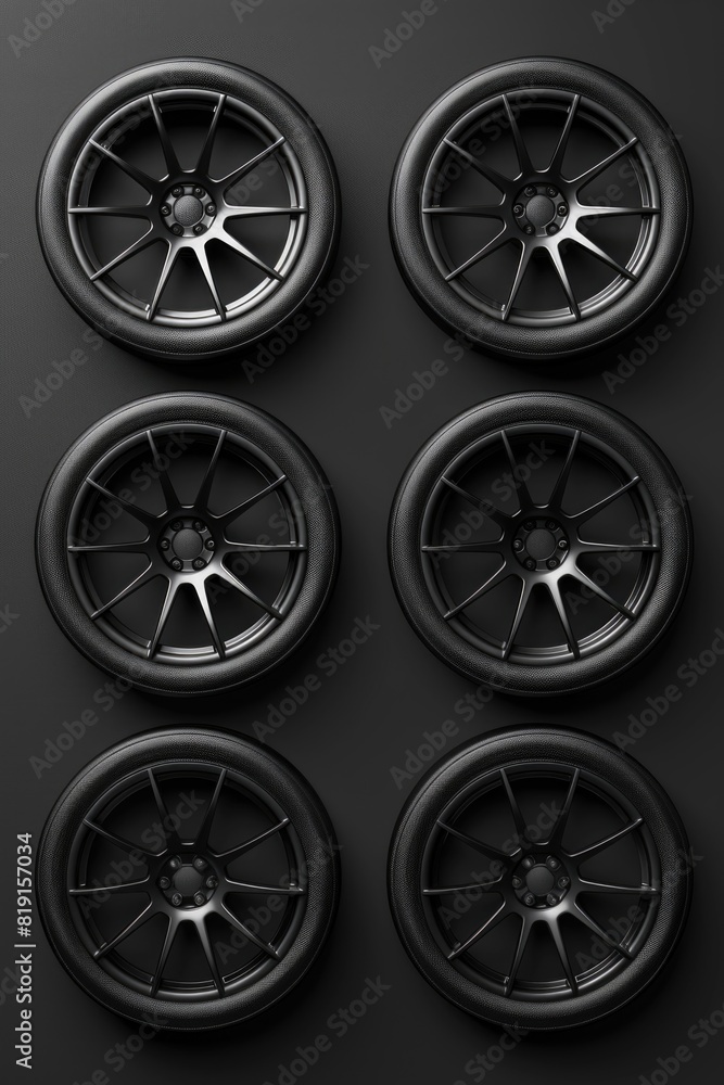 Four black wheels on a black surface, ideal for automotive industry