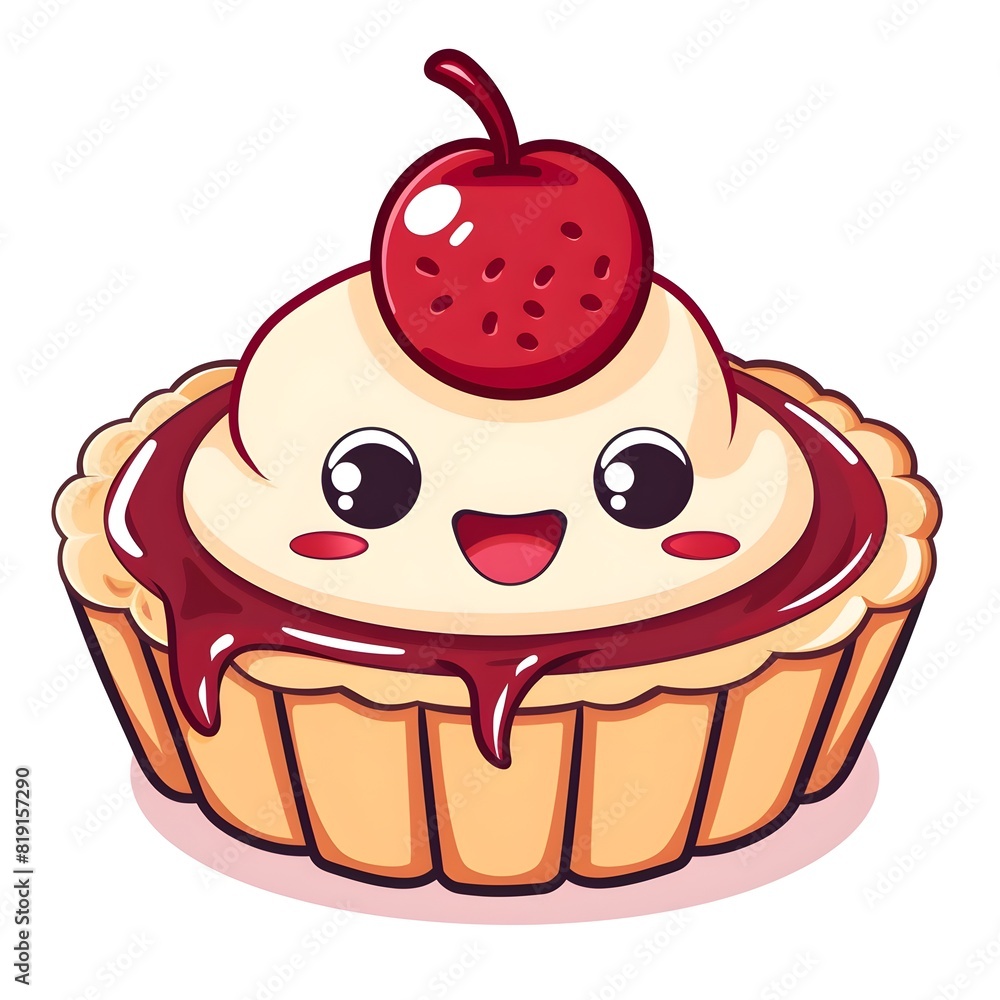 Charming Bakewell Tart with Joyful Facial Expression on White Background Charming Bakewell Tart with Joyful Facial Expression on White Background