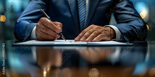 A professional executive in a suit signing a legal document at a desk. Concept professional attire, signing document, business executive, desk setup, legal paperwork