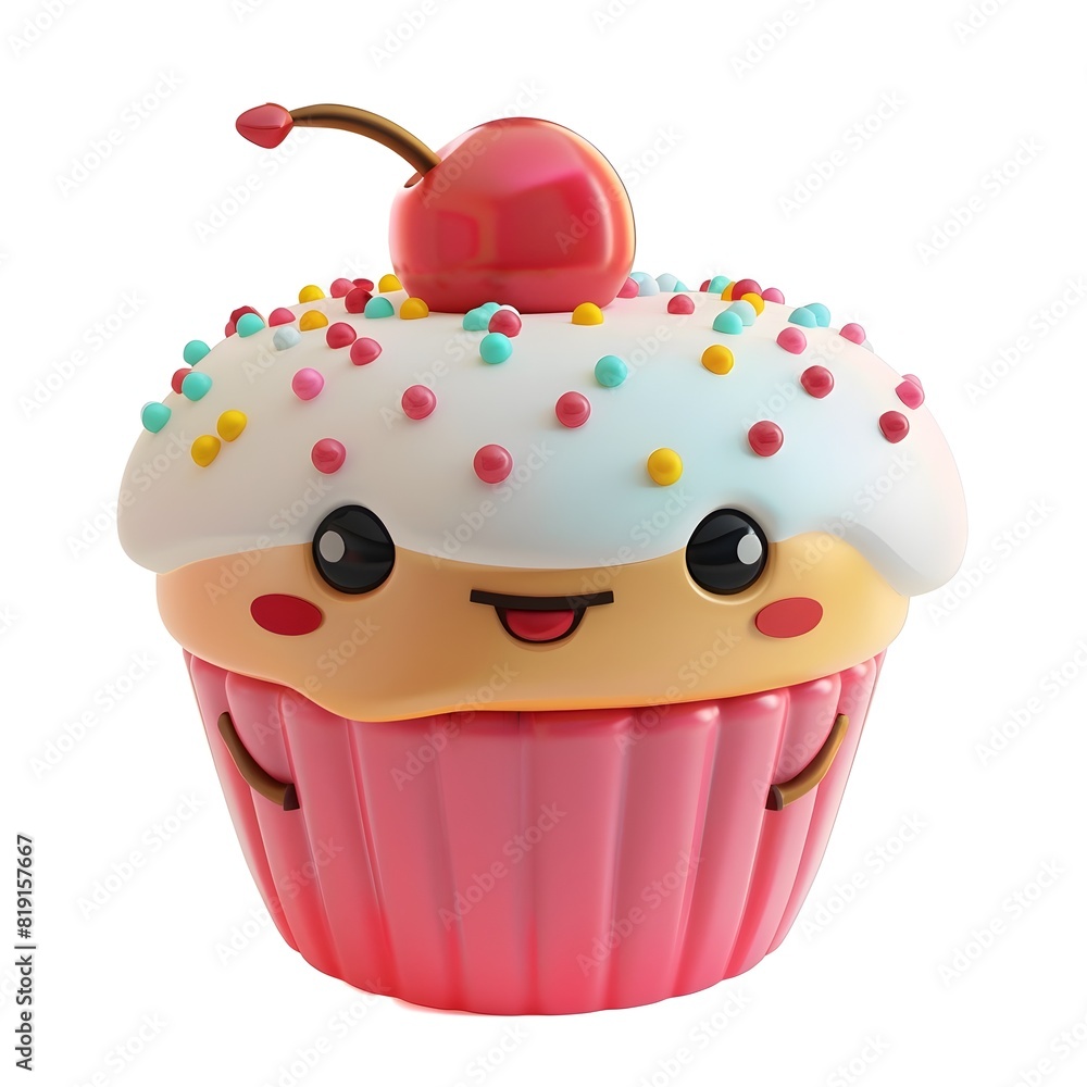 Cheerful 3D Rendered Cupcake with Sprinkles and Cherry Topping on Bright White Background Cheerful 3D Rendered Cupcake with Sprinkles and Cherry Topping on Bright White Background