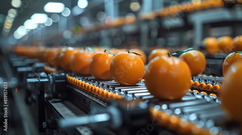 Automated orange sorting line in a modern factory, showcasing fresh fruit on a conveyer belt for quality control and packaging. photo