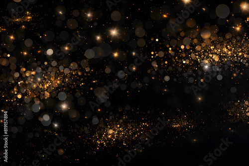 Dynamic abstract background featuring gold sparkles scattered across a deep black canvas with white highlights, Generative Ai,
