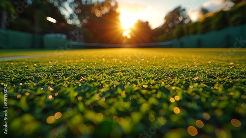 ground level close-up of a freshly mowed grass tennis court, sunrise tennis court, tennis club tournament.  photo