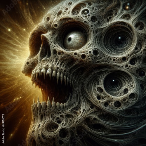Surreal and dark illustration of a skull with intricate fractal textures and eyes, set against a cosmic background.. AI Generation