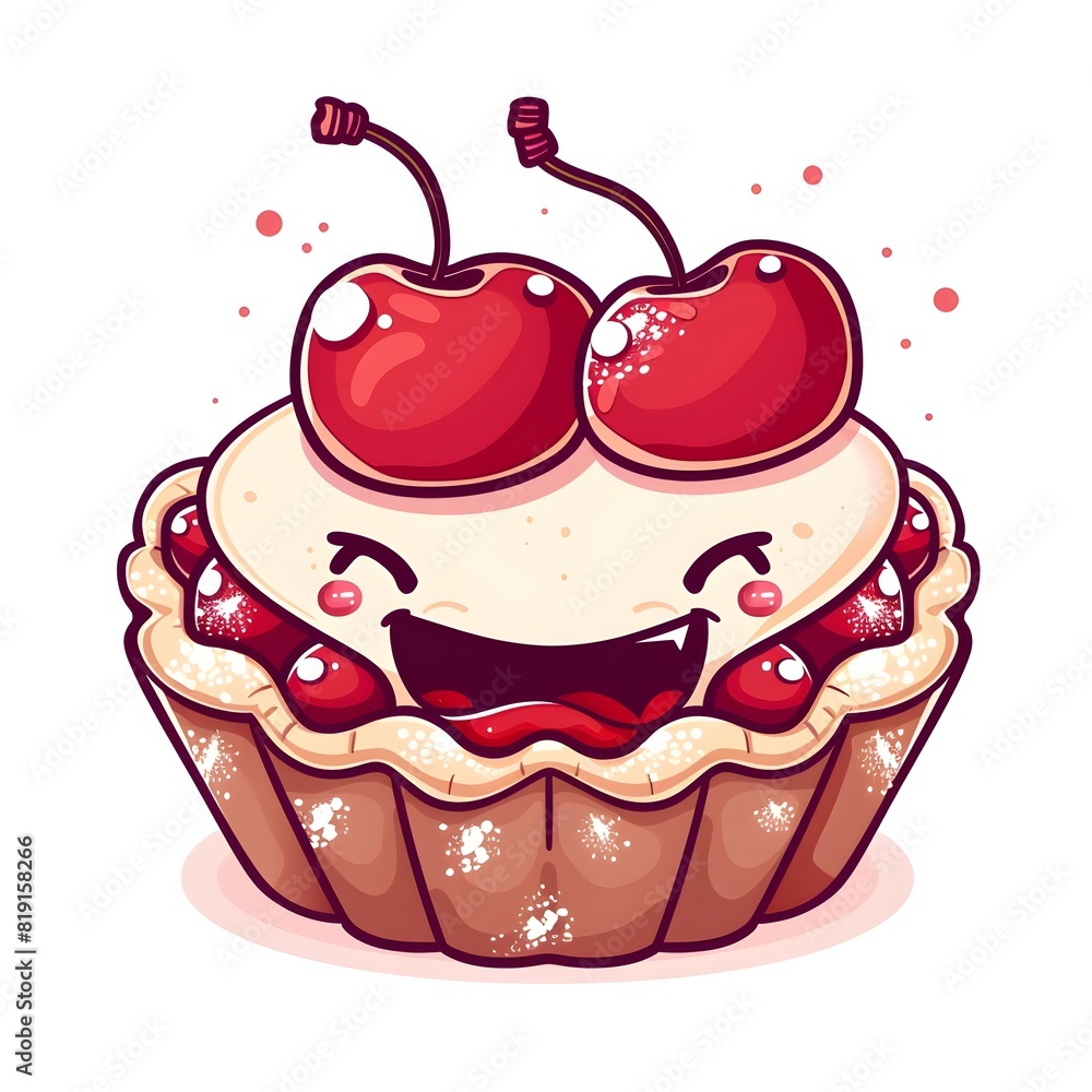 Cheerful Cherry Clafoutis Cupcake with Powdered Sugar Topping on Isolated White Background Cheerful Cherry Clafoutis Cupcake with Powdered Sugar Topping on Isolated White Background
