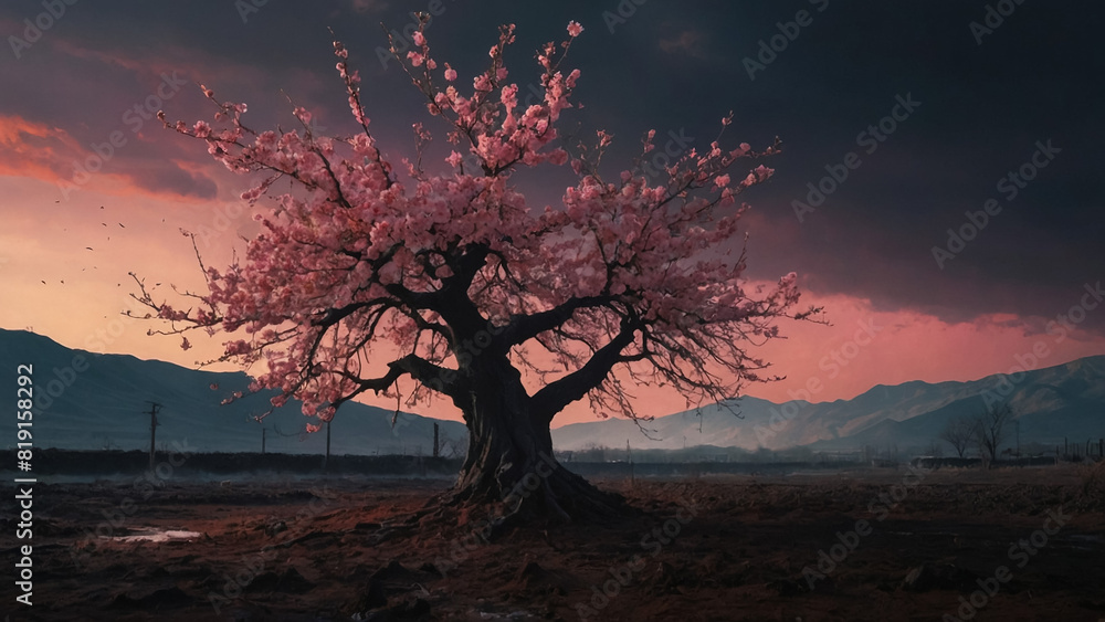 Digital art of a single cherry blossom tree at the top of a hill mountain in a sunset. 3D, Illustration 3D. Digital art of a single cherry blossom tree at the top of a hill mountain in a sunset. 3D, Illustration 3D.