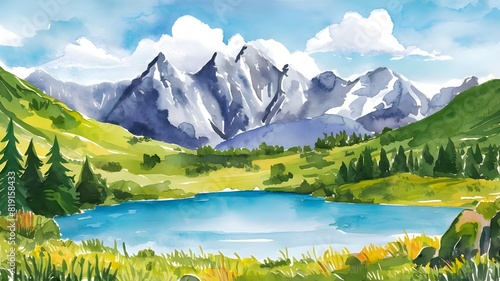 illustration of beautiful landscape with mountains and lakes in watercolor, aquarelle look © Blaise