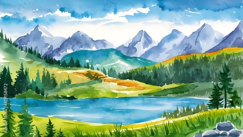 illustration of beautiful landscape with mountains and lakes in watercolor, aquarelle look