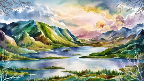 illustration of beautiful landscape with mountains and lakes in watercolor  aquarelle look