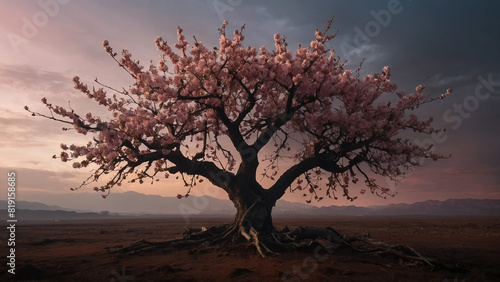 Digital art of a single cherry blossom tree at the top of a hill mountain in a sunset. 3D, Illustration 3D.