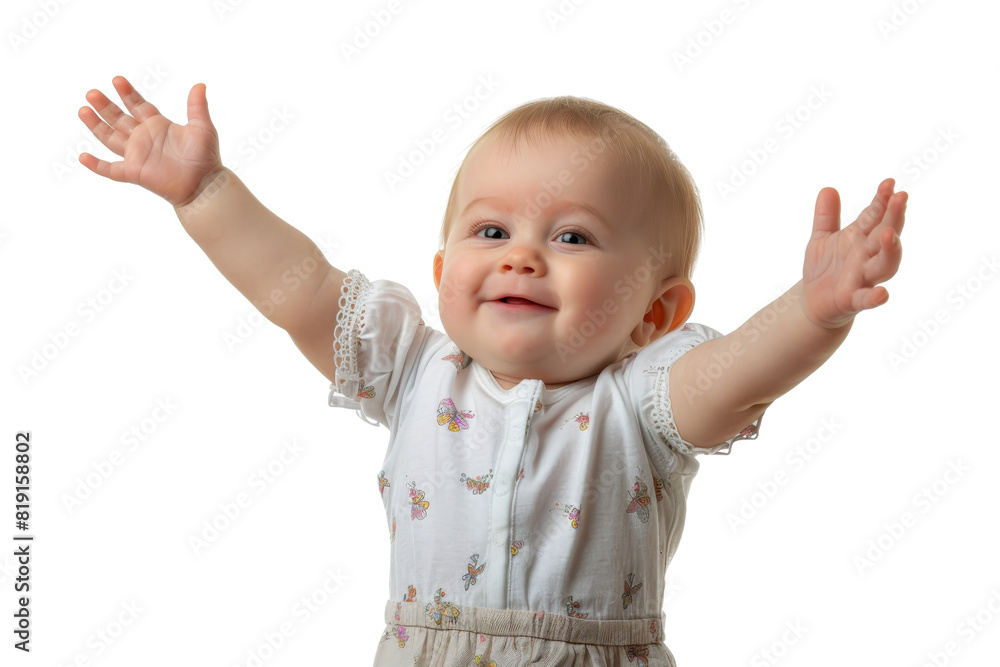 Happy baby smiling with arms raised, wearing white outfit. Isolated on white. Perfect for family, parenting, and happiness themes. Happy baby smiling with arms raised, wearing white outfit. Isolated on white. Perfect for family, parenting, and happiness themes.