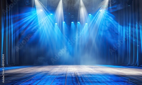 a blue stage illuminated by spotlights in a concert hall