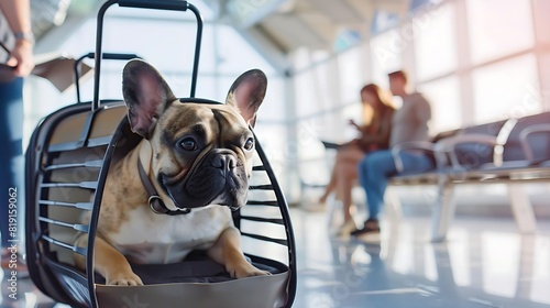 A dog is in a cage in an airport. There are people sitting on chairs around the dog photo