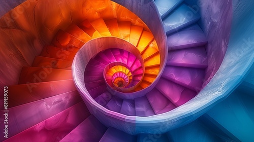Abstract 3D spiral staircase with vibrant color gradients, infinite and surreal perspective