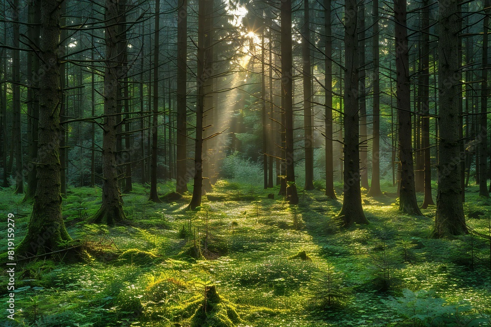 The sunlight shines through tall trees in a green forest