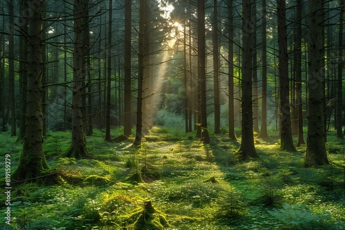 The sunlight shines through tall trees in a green forest