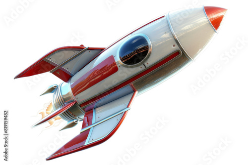 Illustration of a retro-style rocket ship with red and white coloring  blasting off into space. Perfect for creative and sci-fi themed projects.