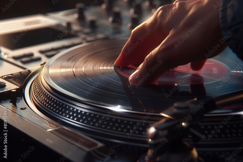 DJ's hand spinning a vinyl record on a turntable DJ's hand spinning a vinyl record on a turntable