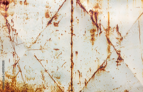 Metal wall painted white. Metal background with streaks of rust. There are rust stains on the metal surface.