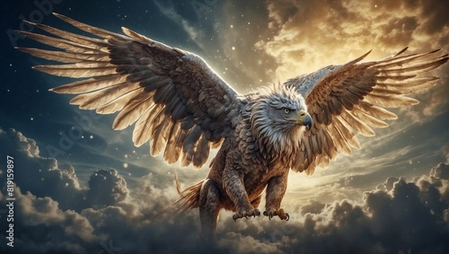 A magnificently ethereal griffin, its body a stunning blend of lion and eagle features seamlessly intertwined, captured in a double exposure cinematic photograph. © DynaVerse3D