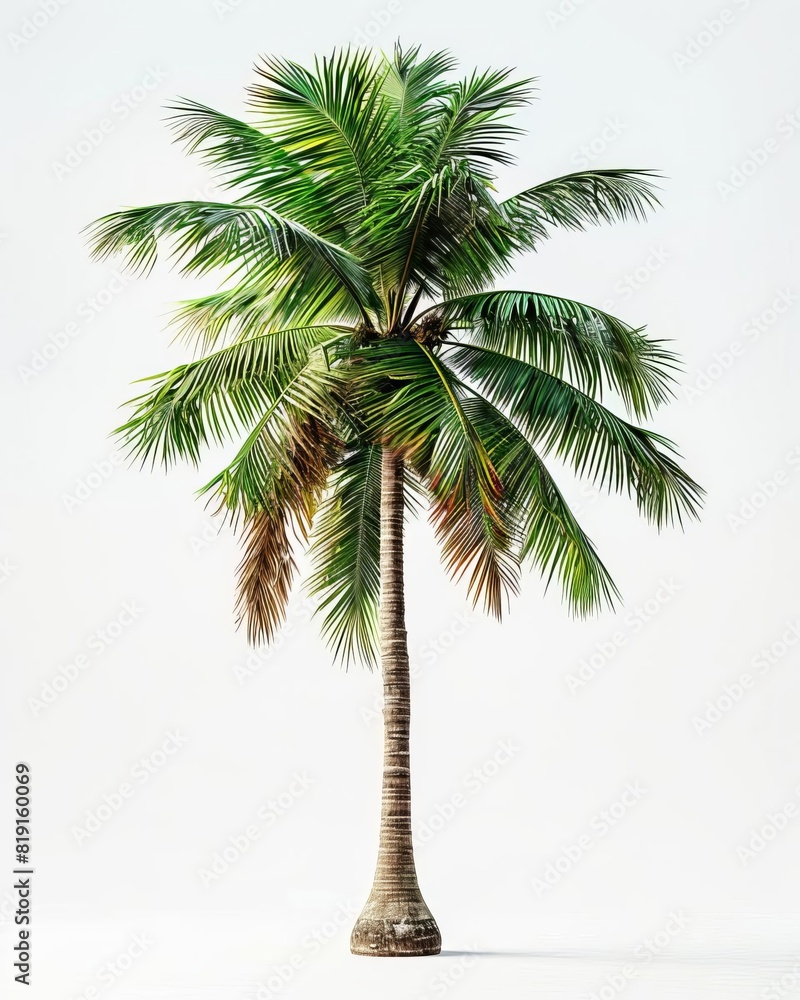 Obraz premium Photorealistic render of a single palm tree. The palm tree is tall and has a full head of green leaves. The trunk is brown and has a rough texture. The palm tree is set against a white background.