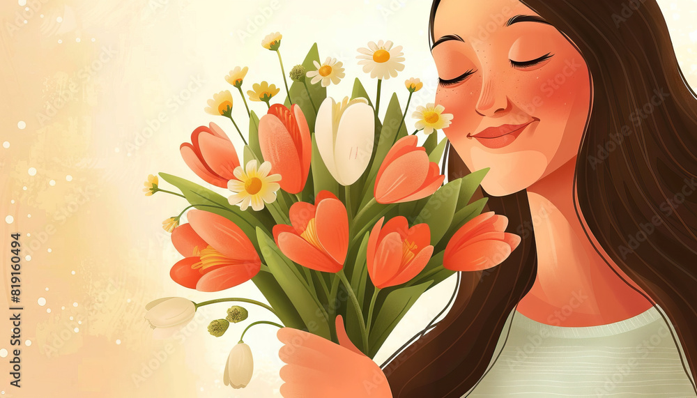 Happy Woman Holding a Bouquet of Spring Flowers - Celebrate the beauty of spring with this image of a happy woman holding a bouquet of spring flowers, perfect for illustrating renewal and happiness Happy Woman Holding a Bouquet of Spring Flowers - Celebrate the beauty of spring with this image of a happy woman holding a bouquet of spring flowers, perfect for illustrating renewal and happiness