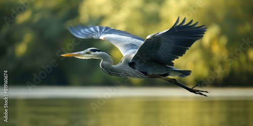 A heron flies close over the water, side view, wildlife photography