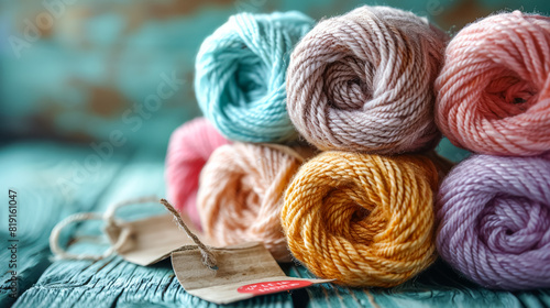 A bunch of colorful yarns are displayed on a wooden table. The colors include pink, orange, yellow, green, and blue