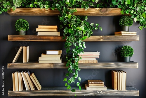 a bookshelf adorned with a variety of books, including white, brown, and stacked books, is adorned with a variety of plants including a green plant, a potted plant