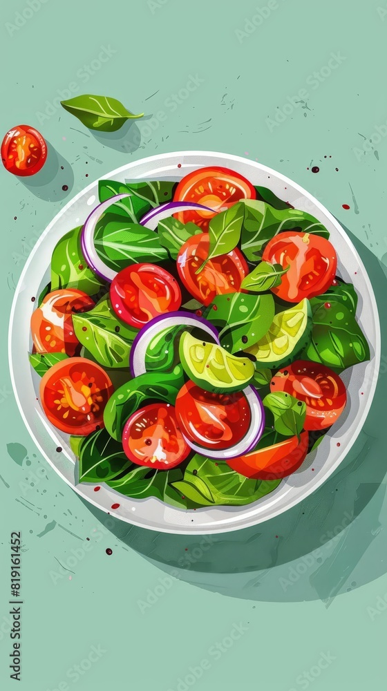 An illustration of a delicious-looking salad with fresh tomatoes, spinach, red onion, and basil. The salad is dressed with a light vinaigrette and served on a white plate. An illustration of a delicious-looking salad with fresh tomatoes, spinach, red onion, and basil. The salad is dressed with a light vinaigrette and served on a white plate.